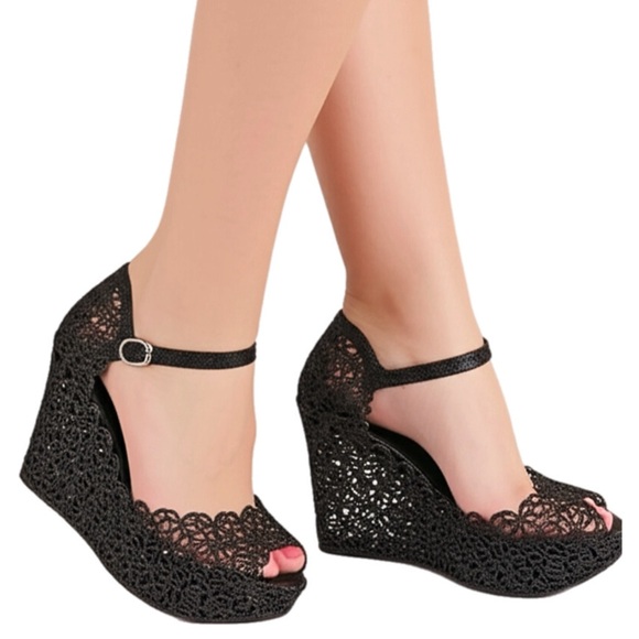 Chic by Lady Couture Shoes - Chic Platform Wedge Black Lace Glamorous Sandal by Lady Couture in size 9